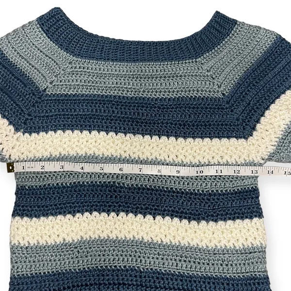 Blue White Crochet Y2K Striped Sweater Flare Sleeve Handmade XS Small‎ Winter - Image 3