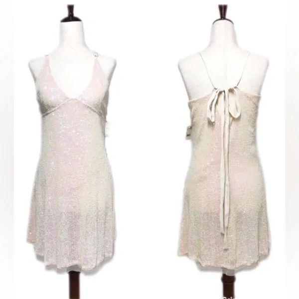 FREE PEOPLE Gold Rush Sequin Mini Dress Iridescent Sheer Cream Size Medium New‎ - Image 2
