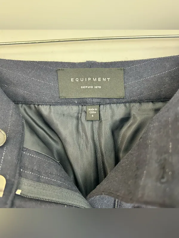 Equiptment Navy Blue Wool Blend Metallic Pinstripe Wide Leg Trouser Pants Sie 6 - Image 9