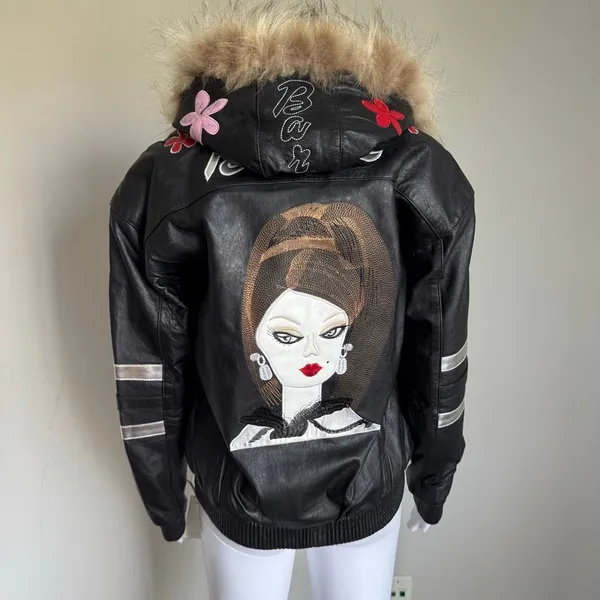 Barbie Custom Embroidered Glam Graphic Leather Jacket With Faux Fur Hood - Image 2