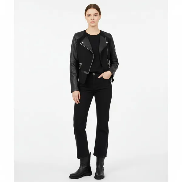 Cache Black Vegan Faux Leather Cropped Collarless Moto Zip Jacket XS - Image 8