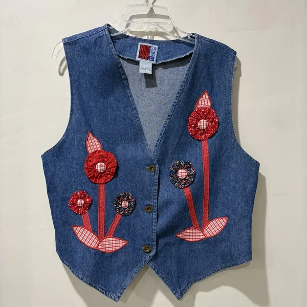 VTG Sun Belt Woman's Denim Vest Button Down Floral Embroidered Flowers Large USA - Image 3