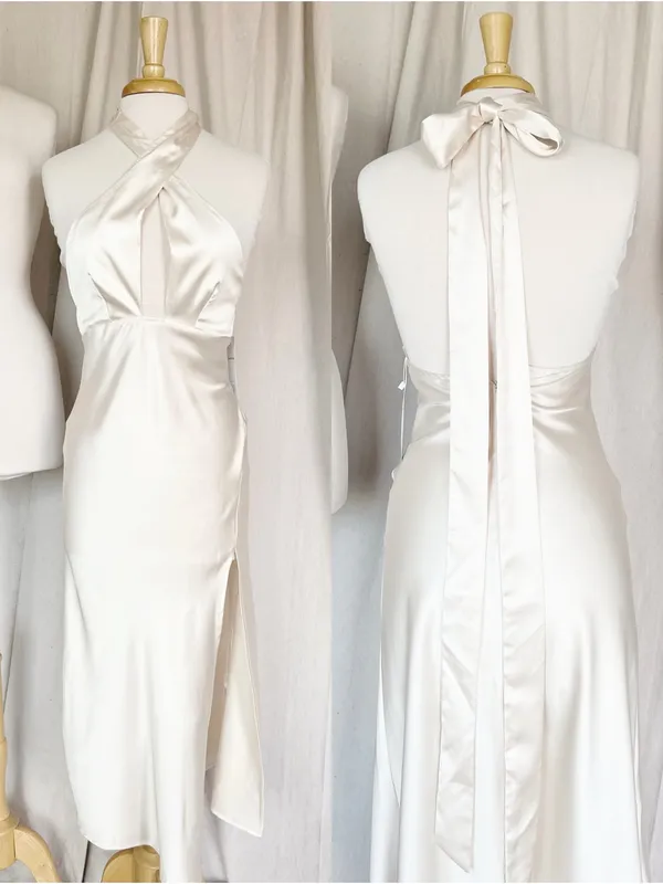 Elegant Cream Satin Halter Midi Dress - Image 2