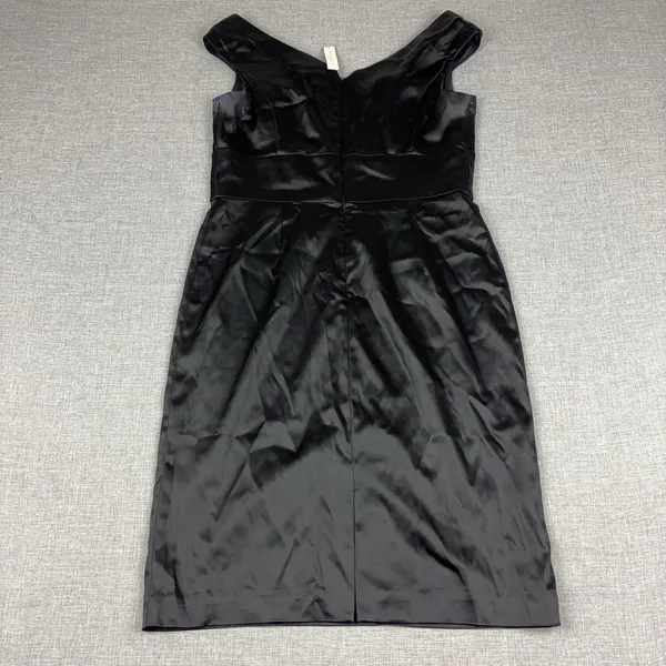 White House Black Market Dress Womens 12 Black Satin Sheath V-Neck Knee Length - Image 6