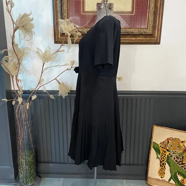 Vintage CDC Caren Desirée Black Pleated Rosette A-Line Dress Sz 12 💚🎀 - Image 5