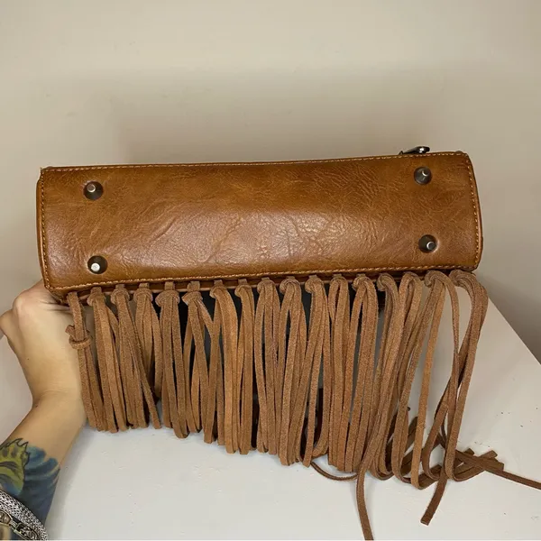 WRANGLER Floral Embossed Fringe Hobo Shoulder Bag Cowgirl PU Leather Brown - Image 13