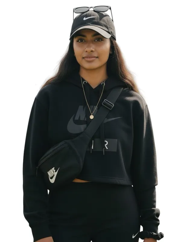 Nike Air Cropped Fleece Hoodie Black Women’s Medium Oversized Athleisure in EUC - Image 2