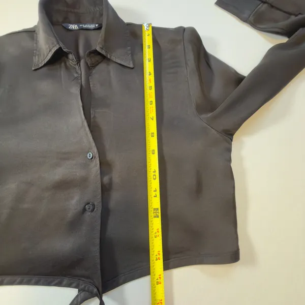 Zara Black Crop Poplin Shirt Long Sleeve Wrap Tie Waist XS EUC Collar Blouse - Image 9