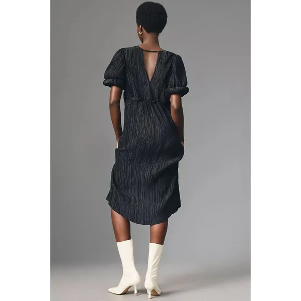 Black Midi Dress With Puff Sleeves & V-Neck By Anthropologie‎ L - Image 2