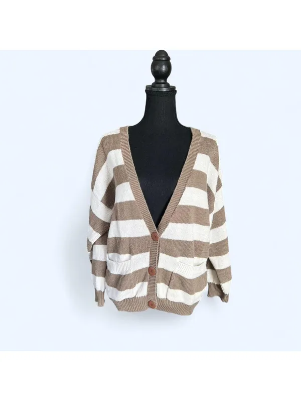 Vintage 90s neutral striped cardigan 16th Street cozy oversized size small - Image 2