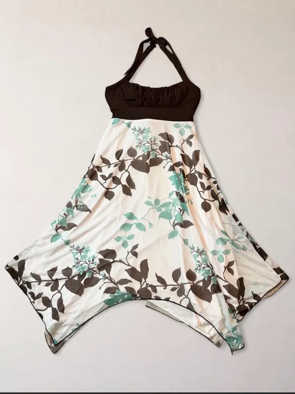 Speechless Floral Halter Handkerchief Maxi Dress Brown Aqua Size L - Image 5