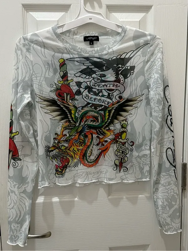 Ed Hardy Dragon Dagger white mesh long sleeve crop top Large Y2K - Image 13
