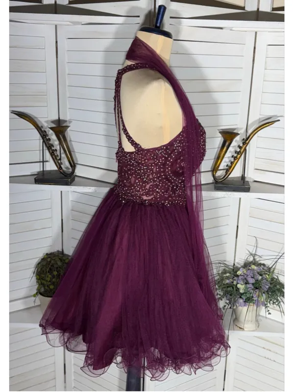 Burgundy mesh mini dress beaded halter open back fit flare homecoming whimsigoth - Image 3