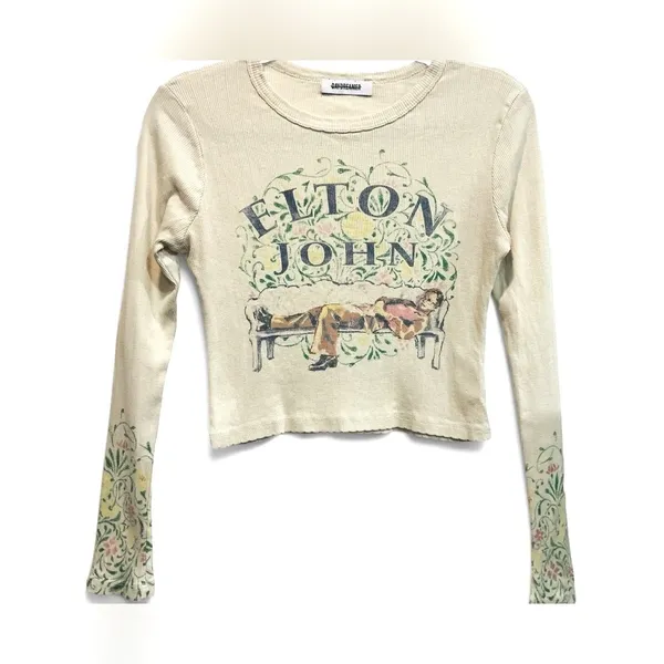 Daydreamer ELTON JOHN FLORAL POINTELLE Ribbed LONG‎ SLEEVE Crop Top M - Image 3