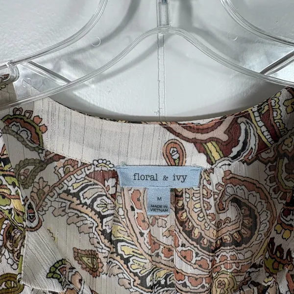 Floral & Ivy Brown Paisley Pattern Metallic Peasant Long Sleeve Chiffon Blouse M - Image 3