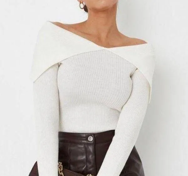 Missguided | Open Collar Bardot Knit Top - Image 2