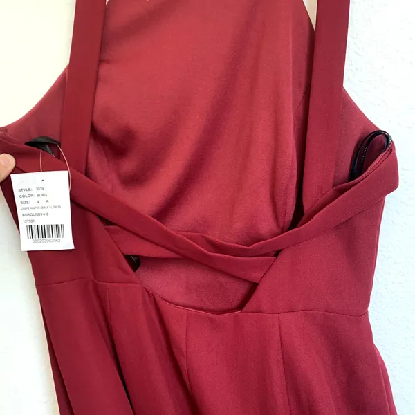 NWT Dessy Collection High Neck Backless‎ Crepe Trumpet Gown in Burgundy 3039 - Image 7