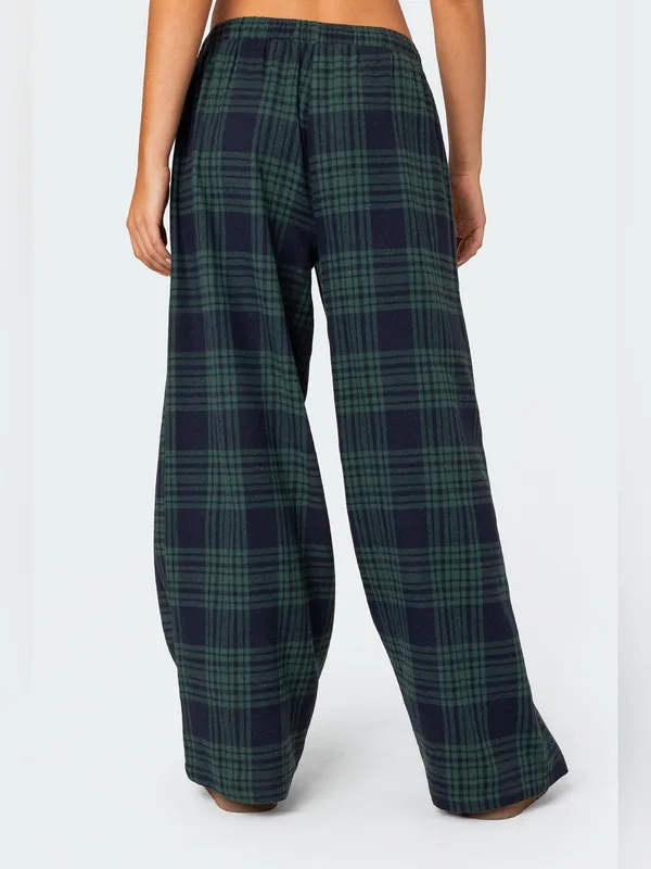 Edikted Lounge Around Plaid Wide Leg Pants Navy Blue Green Small - Image 4