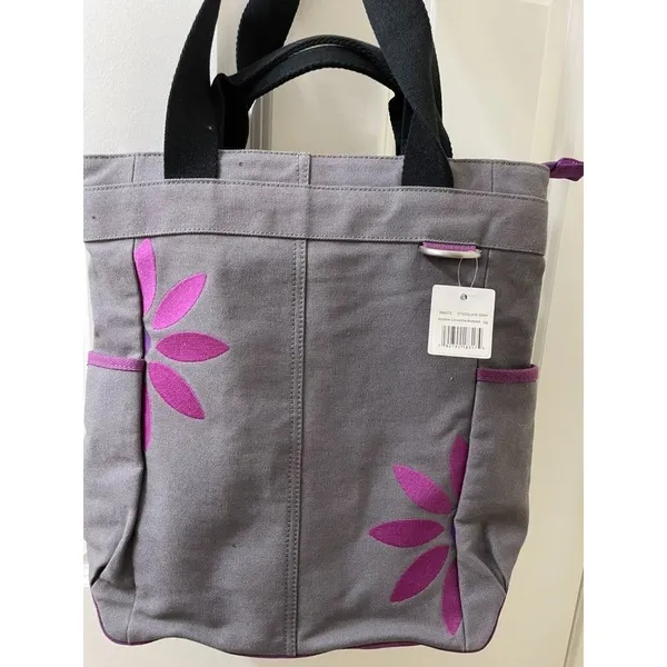 New Life Is Good tote bag Canvas Purple/Gray Tote W/Flower Motif 14x15 Inches - Image 3