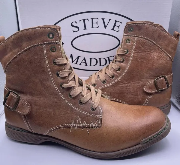 Steve Madden leather fur fleece lined tan lace up boots Size 9 - Image 11