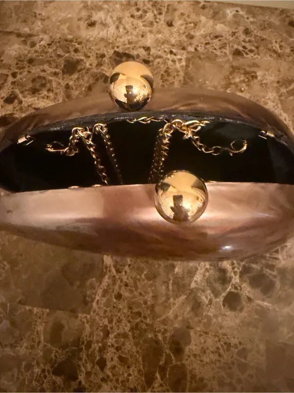 Hard Case Gold-Accented Brown Evening Clutch with gold Chain Strap - Image 3
