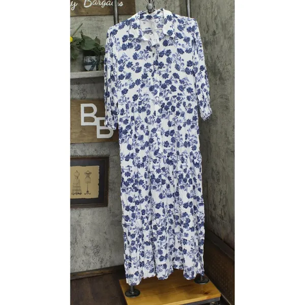 NWT Ny Collection Petites Crinkle Tiered Maxi Dress PCOD0984 Blue / White PL - Image 2