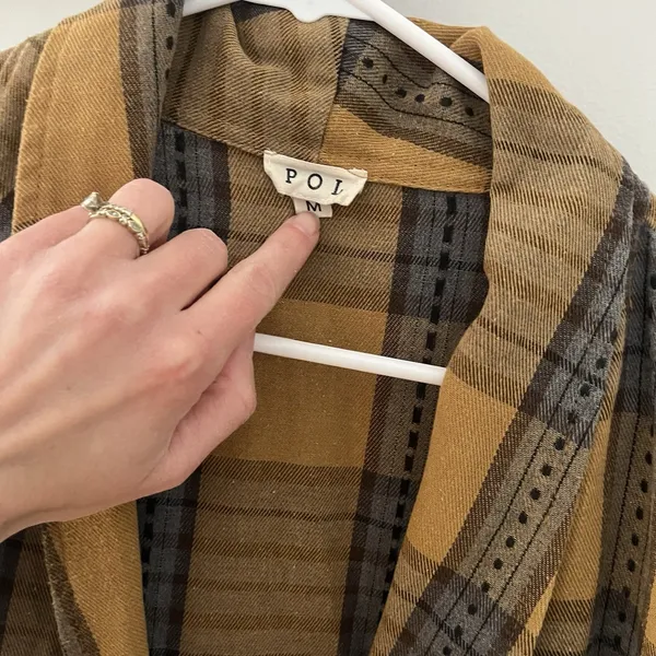 POL Oversized Boho Yellow and Blue Plaid Blazer Jacket Raw Hem Patch Pocket Sz M - Image 4