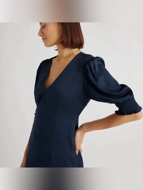 Quince Washable Stretch Silk Puff Sleeve Mini Dress Medium Navy Minimal Fall - Image 4