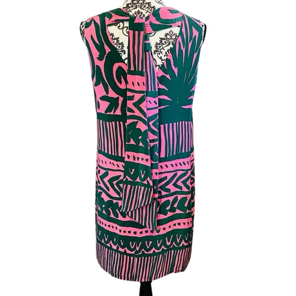 Whistle 100% Silk Green and Pink Sleeveless Shift Mini Dress Sz-10 - Image 6