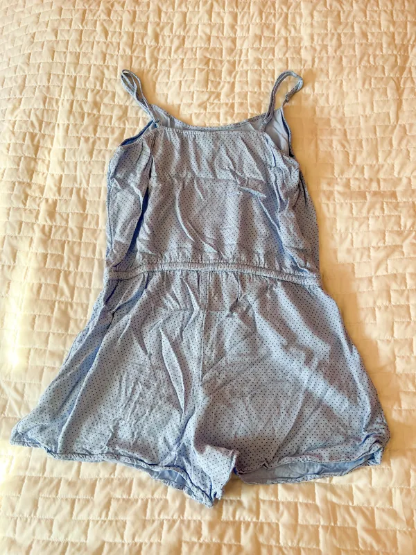 Aerie Blue Pleated Dot Tie Waist Romper Size Small - Image 2