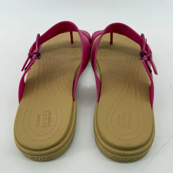 Crocs Tulum Toe Post Sandal Flip Flop Fuchsia Pink Tan Women 10 Buckle Straps - Image 4