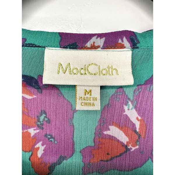 ModCloth Floral Blouse Size‎ Medium Peter Pan Collar Bow Chiffon Artsy Teacher - Image 12