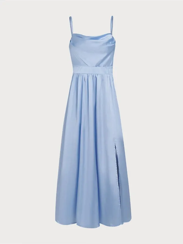 Rihoas Blue Satin Ruched Slip Maxi Dress - Image 7