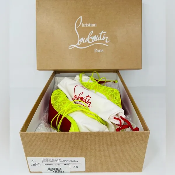 Christian Louboutin Kate 85mm Lace Wraparound Neon Fluo Yellow Pumps EU 38 - Image 3