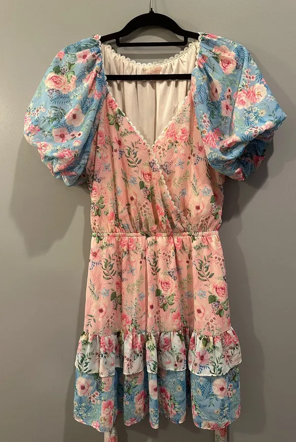 For Love & Lemons Love Colette Floral Tiered Ruffle Tie Waist Lace Hem Dress - Image 5