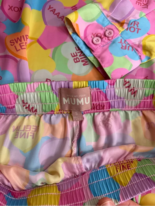Show Me Your Mumu Colorful Conversation Hearts Silky Pajama Set Sz S 💛🍄 - Image 9