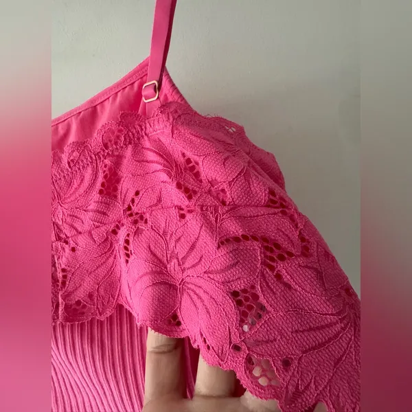 Aerie Hot Pink Ribbed Crop‎ Cami Back Floral Lace Detail Bralette Top - Image 4