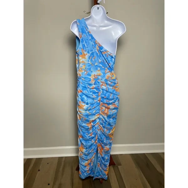 Pretty Garden One‑Shoulder Bodycon Dress Size L Light Blue Orange Accents - Image 4