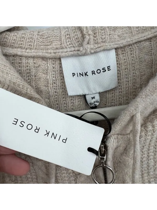 Pink Rose Cable Knit Zip-Up Hoodie Beige Size Medium NWT Balletcore Coquette - Image 6