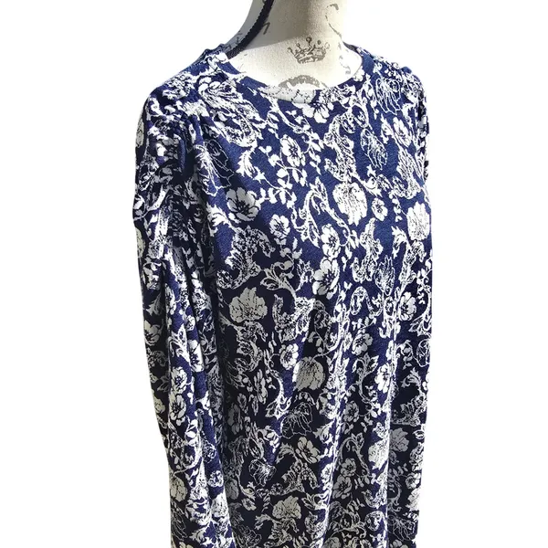 ZARA Floral Print Long‎ Sleeve Mini Dress Navy Blue White Puff Sleeve Large - Image 3