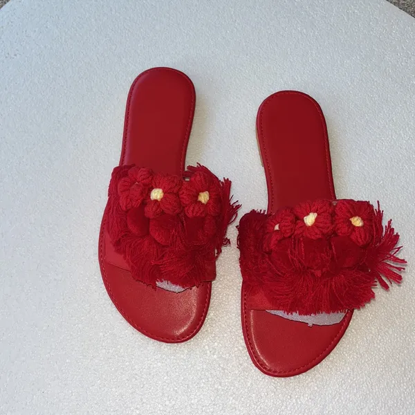 New Red Slide Sandal Tassel Pom Pom Faux Suede Slip On Bohemian Sz-8 - Image 9