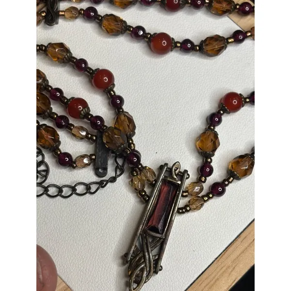 Vintage Multi-Strand Necklace With Red & Amber Beads Bronze Pendant & Chain Intr - Image 2