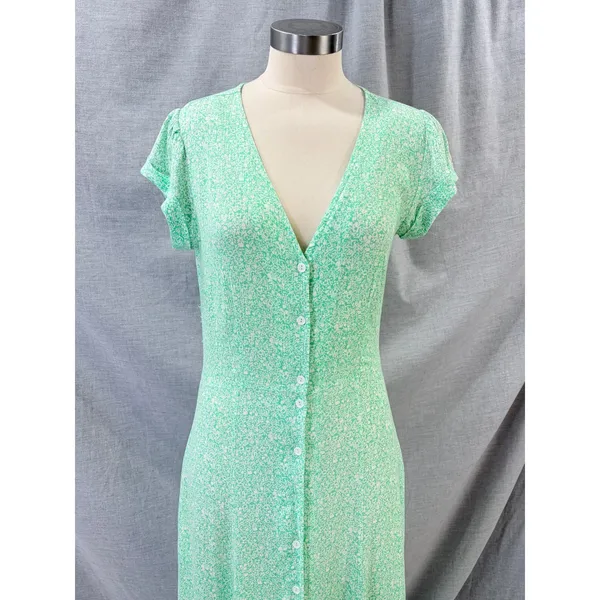 Aura Womens Mint Green Floral Button‎ Front Maxi Dress Cap Sleeve Pockets XS - Image 2