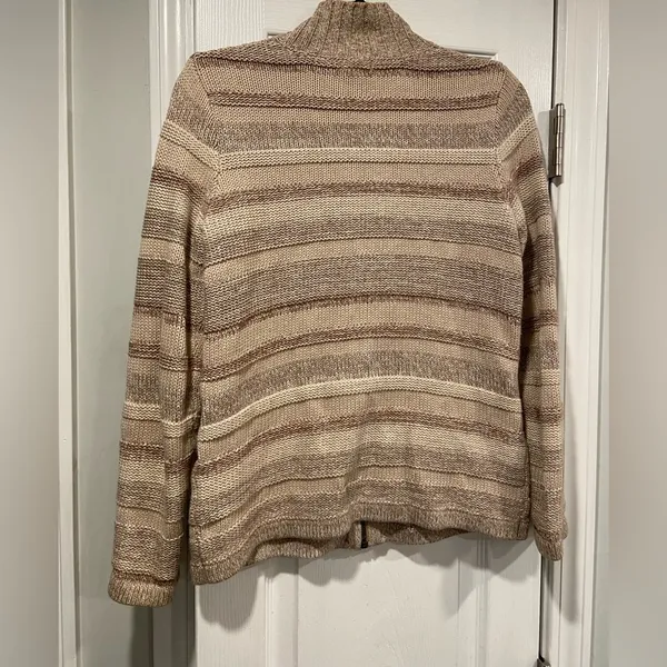 L.L. Bean Tan Striped Cotton Mock Neck Full Zip Knit Cardigan Sweater Size S P - Image 7