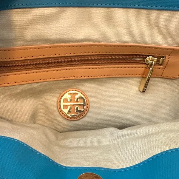 Tory Burch Jaden Tote Blue Canvas‎ Coconut Tan Leather Shopper Bag - Image 12