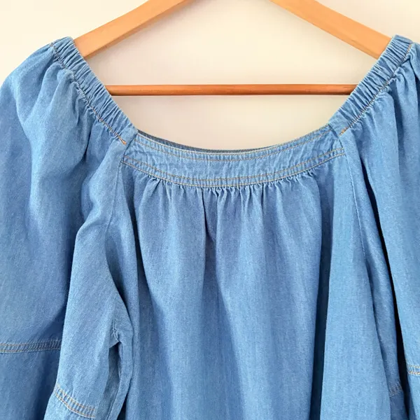 Sundance Denim Chambray Top M Blue Boho Puff Sleeve Square Neck Cotton Blouse - Image 2