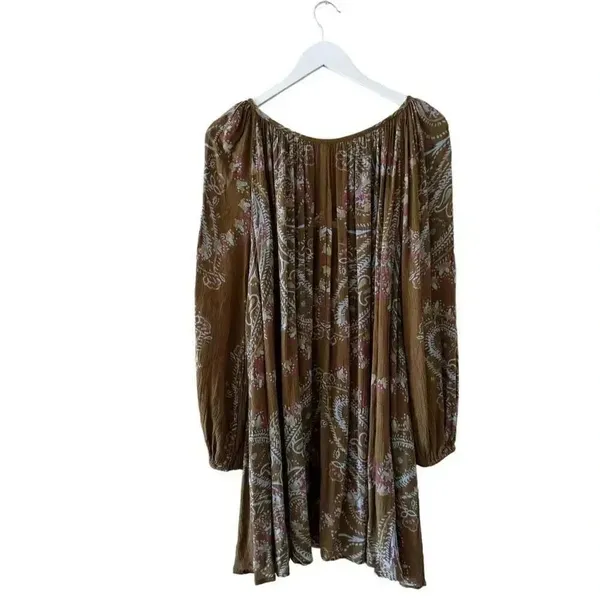 Free People Brown green hippie babydoll peasant dress balloon sleeves S #1993 - Image 7