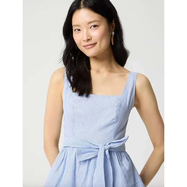 J.Crew Striped Sleeveless Belted Tiered Dress White Banker Blue Retro US 6 NWT - Image 3