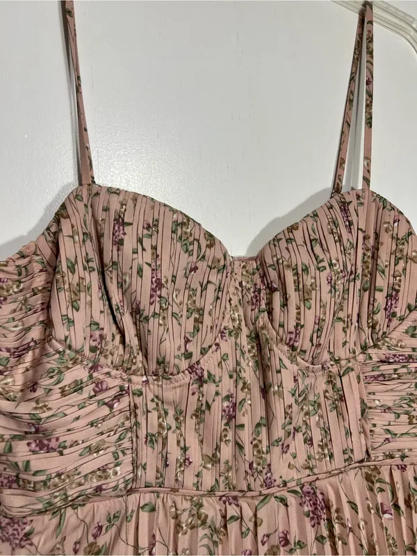 Lulus Cascading Crush Pink Floral Print Tiered Bustier Midi Dress size M - Image 6