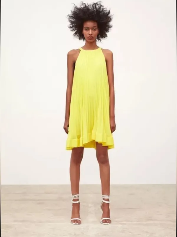 Zara Size XS Pleated Yellow Knee Length Halter Dress - Image 2